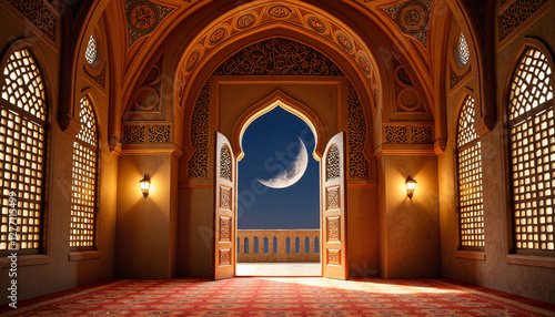 Ornate mosque interior with crescent moon visible through arch, tranquility