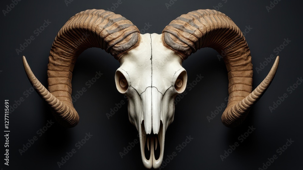 A ram skull with large, curved horns displayed against a dark background.