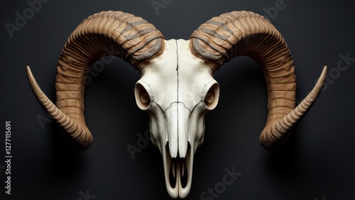 Obraz na płótnie A ram skull with large, curved horns displayed against a dark background. w salonie