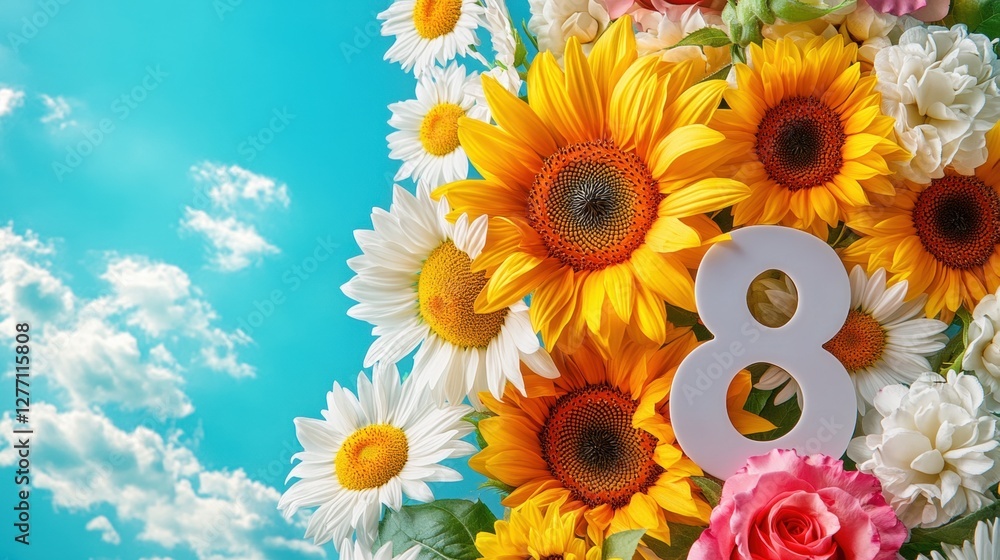 Obraz premium White number 8 among sunflowers, daisies and roses on the background of blue sky with clouds, symbolising summer and joy