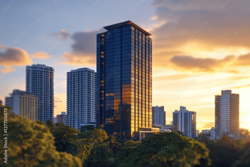 A vibrant city skyline silhouetted against a stunning sunset, highlighting the architectural diversity of buildings in a tranquil urban setting. A vibrant city skyline silhouetted against a stunning sunset, highlighting the architectural diversity of buildings in a tranquil urban setting.