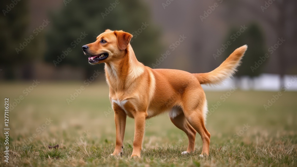 A red fox labrador stands alert on a grassy field, showcasing its sleek coat and attentive posture. A red fox labrador stands alert on a grassy field, showcasing its sleek coat and attentive posture.
