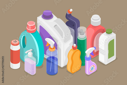 3D Isometric Flat Vector Set of Detergent Bottles, Cleaning Supplies Products