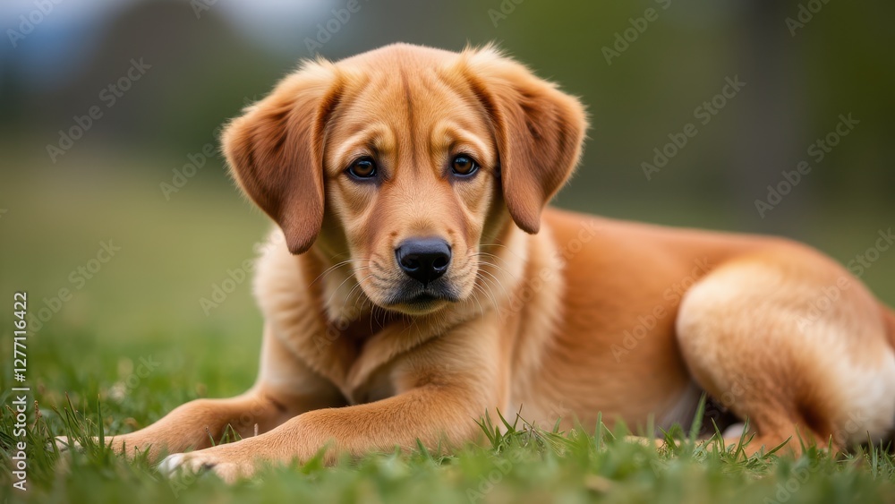 A red fox labrador lying on the grass, with a blurred background. A red fox labrador lying on the grass, with a blurred background.