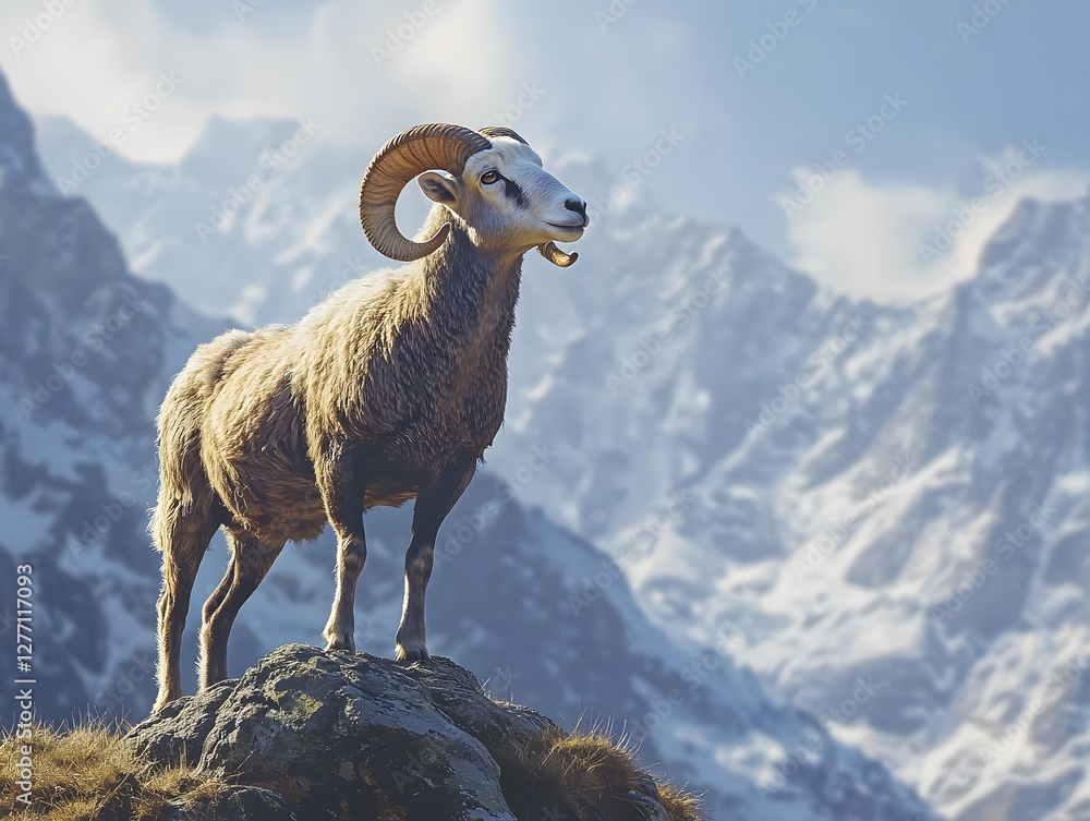 Fototapeta premium A ram standing proudly on a mountain top