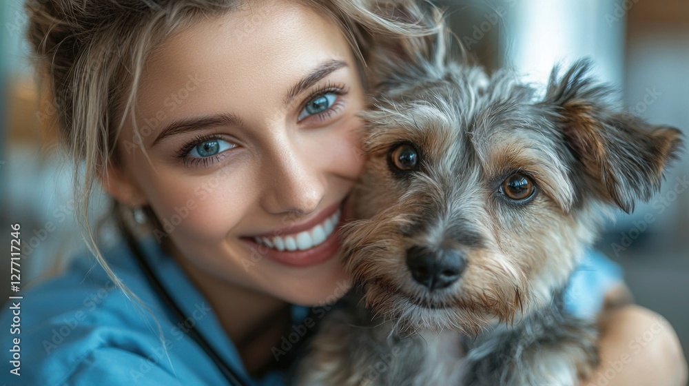A young woman with blonde hair and blue eyes smiles while hugging a small dog. The background is blurred, focusing on their joyful expressions together. A young woman with blonde hair and blue eyes smiles while hugging a small dog. The background is blurred, focusing on their joyful expressions together.