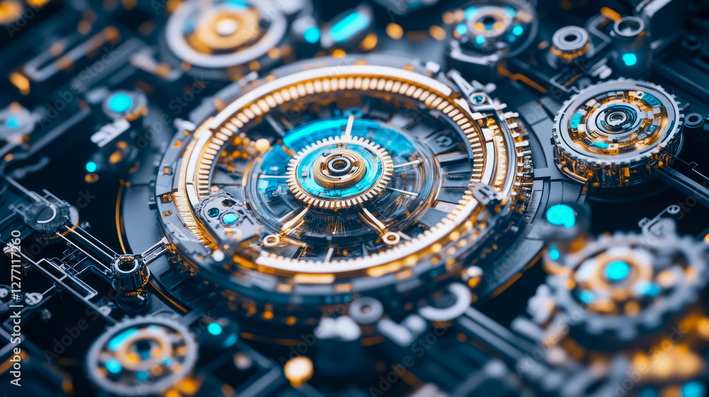 Fototapeta premium Intricate Cyberpunk Time Machine Mechanism: Technological Advancement blueprint
