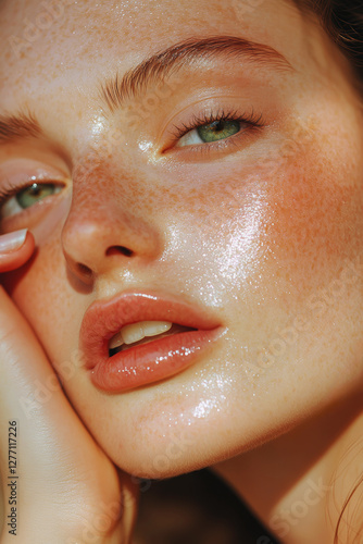 Close-up of a young woman with freckles and glistening wet skin, gently touching her face, showcasing her natural beauty and commitment to skincare and self-care