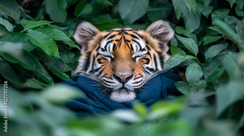 Dreamy Jungle Cat: A tiger cub naps soundly, nestled amongst lush green foliage and swaddled in a cozy blue blanket.