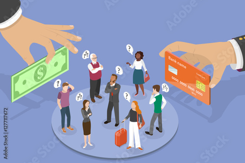 3D Isometric Flat Vector Illustration of Cashless Payment Vs Cash, Different Paying Methods