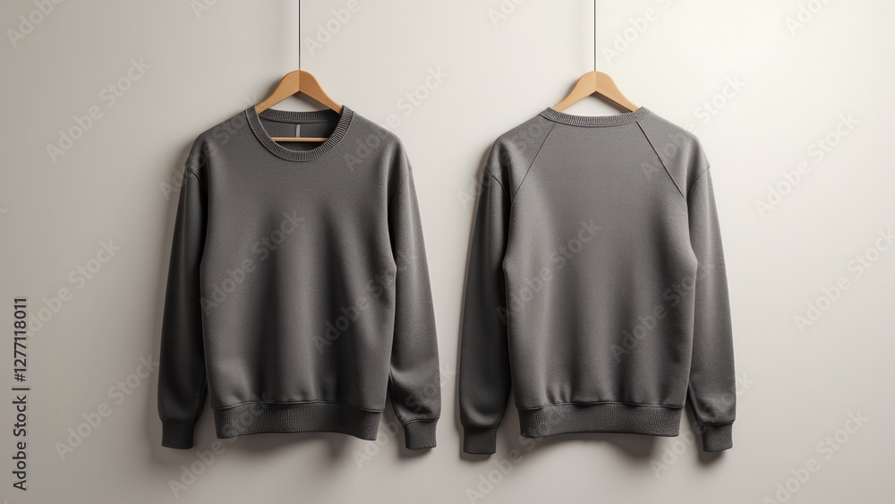 Gray sweater mockup front and back view on hangers. Gray sweater mockup front and back view on hangers.