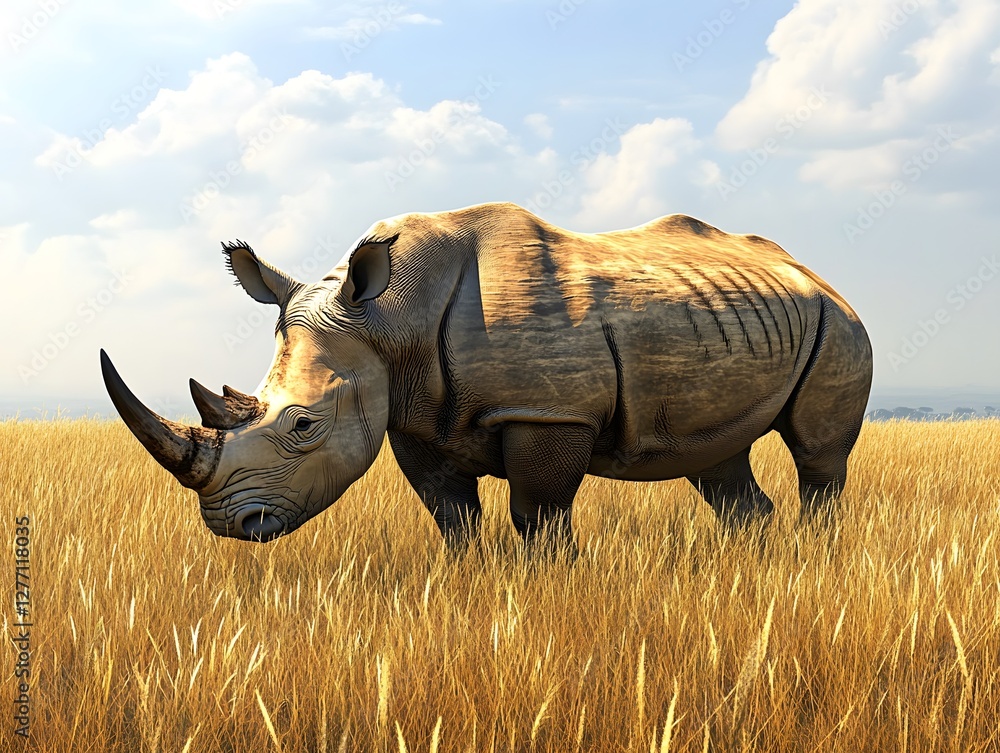 Fototapeta premium A rhinoceros grazing in the tall grass of the African savanna