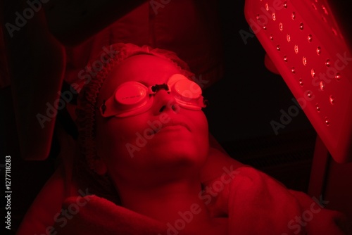 Woman undergoing red light therapy treatment in a wellness center