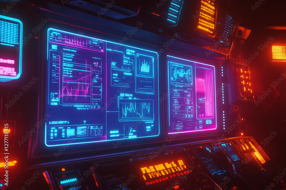 A sci-fi control panel background with holographic user interfaces, floating graphs, and blinking neon circuits. A sci-fi control panel background with holographic user interfaces, floating graphs, and blinking neon circuits.