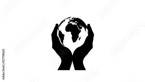 Hands supporting globe silhouette on white background, global unity