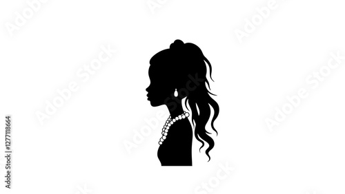 Elegant silhouette of a woman wearing pearls on white background, beauty