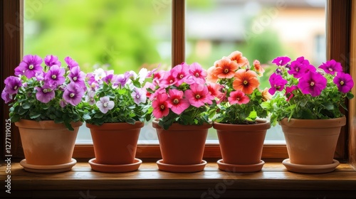 Wallpaper Mural Four colorful pots of flowers are arranged neatly on a sunlit window sill, showcasing a vibrant display of nature indoors. Torontodigital.ca