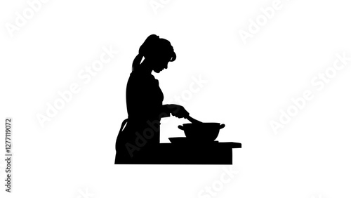 Silhouette of mother cooking in white kitchen, family nurturing