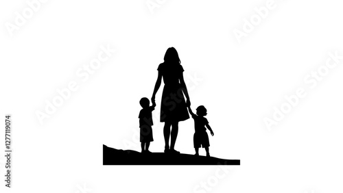 Mother nurturing children in silhouette, love and protection