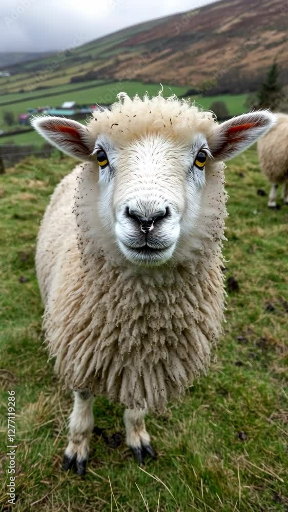 Sheep stands prominently on a lush green hillside in a countryside area during cloudy weather Sheep stands prominently on a lush green hillside in a countryside area during cloudy weather