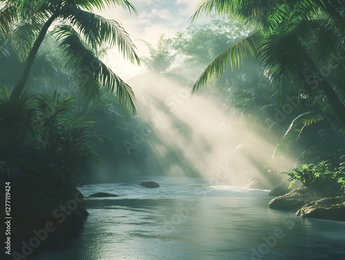 Fototapeta Naklejka Na Ścianę i Meble -  A river flowing through a misty jungle as rays of sunlight