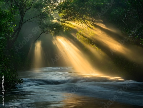 Fototapeta Naklejka Na Ścianę i Meble -  A river flowing through a misty jungle as rays of sunlight