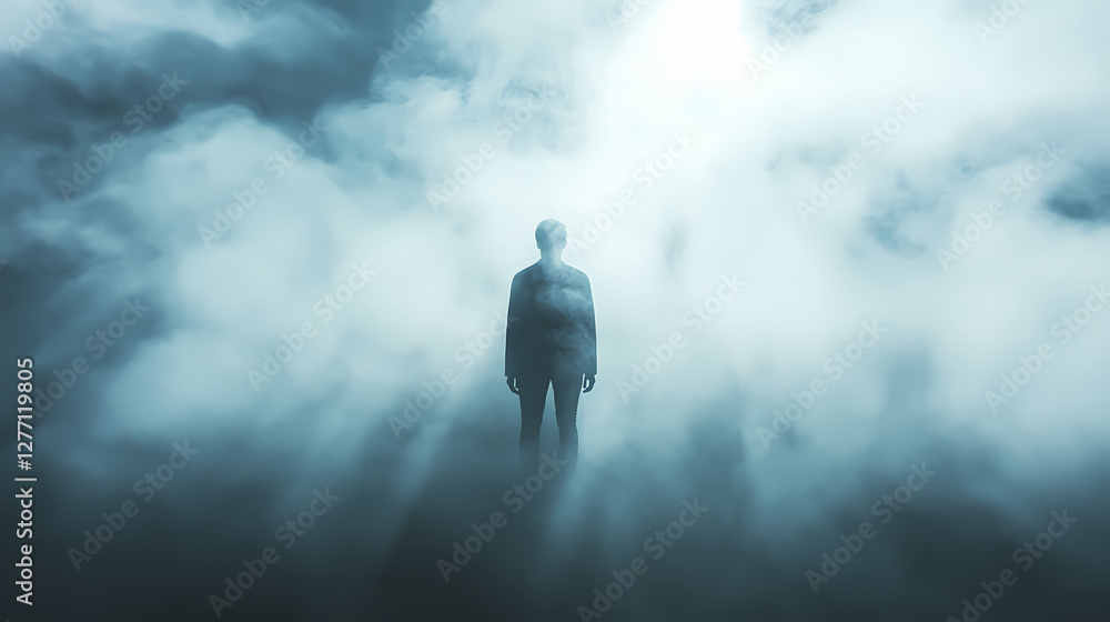 A blurry silhouette of a person standing in a misty environment. Ethereal Ghostly Apparitions. Illustration A blurry silhouette of a person standing in a misty environment. Ethereal Ghostly Apparitions. Illustration