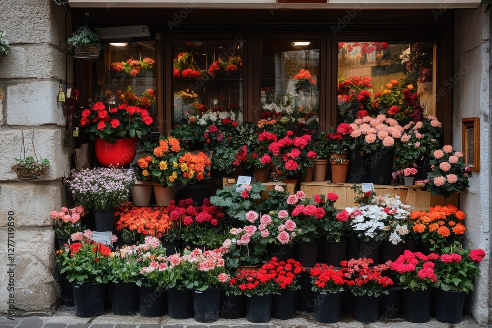 Fototapeta premium A vibrant flower shop filled with a variety of colorful flowers, showcasing diverse species, sizes, and arrangements for every occasion.