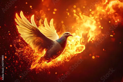 Pentecost Sunday. Pentecost background with flying dove and fire. Created by Generative Al.