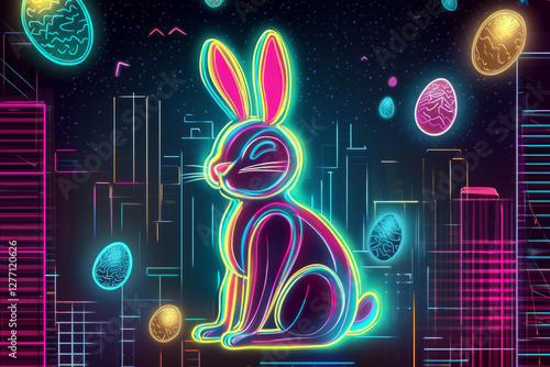 A neon-themed Easter Bunny outlined in bright electric colors, standing against a dark futuristic cityscape filled with floating holographic Easter eggs. photo