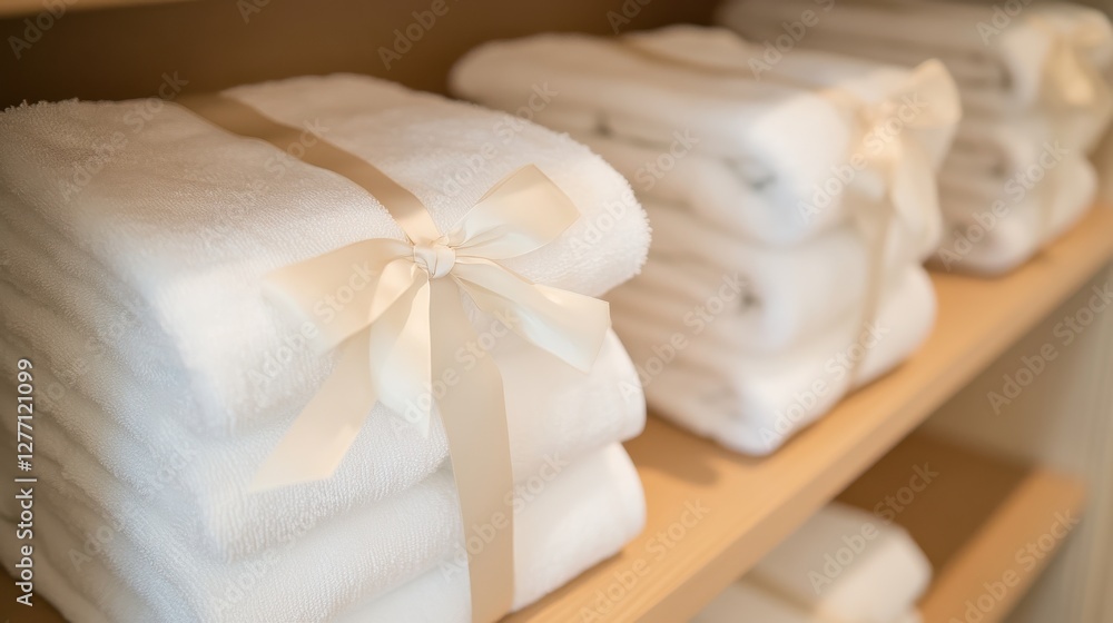 Neatly Stacked Towels with Ribbons in Soft Light Neatly Stacked Towels with Ribbons in Soft Light