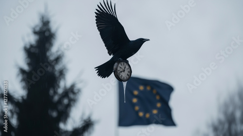 A raven takes flight, gripping a melting clock. The EU flag flutters in the wind, fading into obscurity. The chilling scene conveys urgency, symbolizing Europe's instability and uncertain future. photo