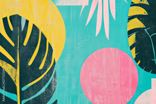 A vibrant, retro risograph background featuring exaggerated outlines of plants and geometric figures, with a grainy texture in hues of turquoise, pink, and mustard yellow for a retro yet contemporary