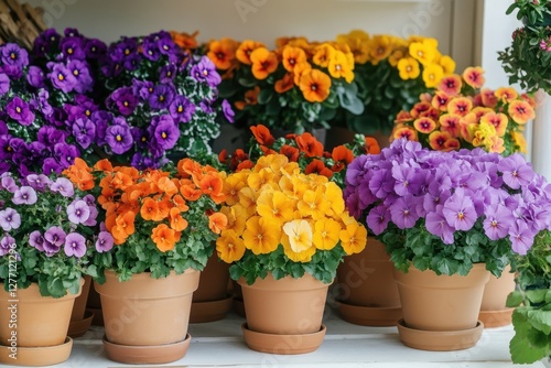 Wallpaper Mural A vibrant display of various colored flowers arranged in pots on a wooden shelf, showcasing their natural beauty and diversity. Torontodigital.ca