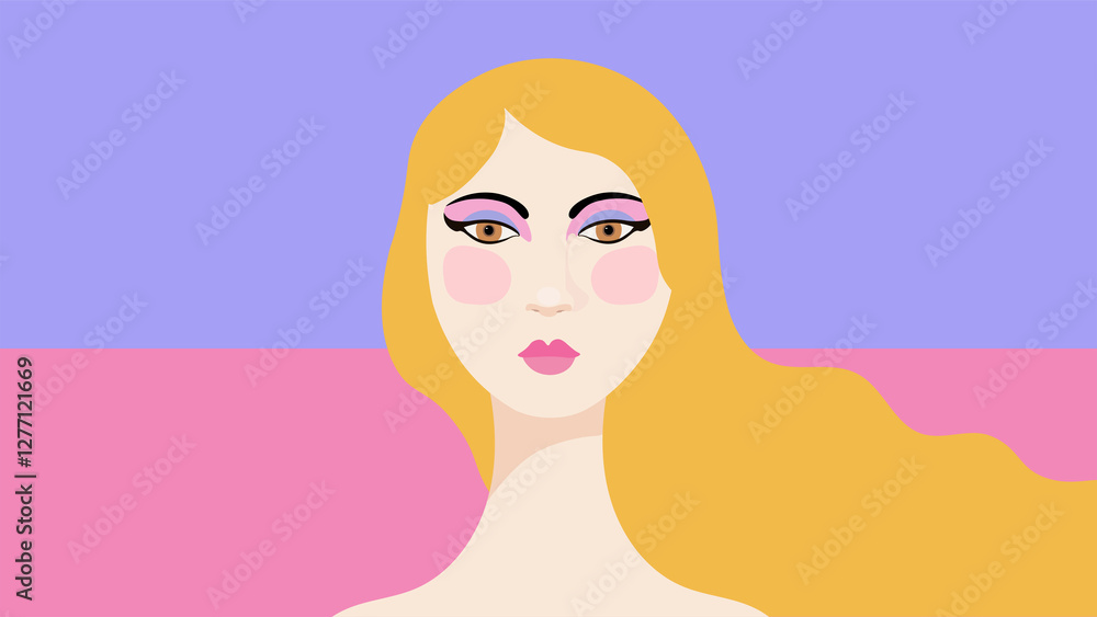 Woman face, abstract pop art. Vibrant digital illustration of a woman face with bold flat shapes and striking 60s 70s colors. Woman face, abstract pop art. Vibrant digital illustration of a woman face with bold flat shapes and striking 60s 70s colors.
