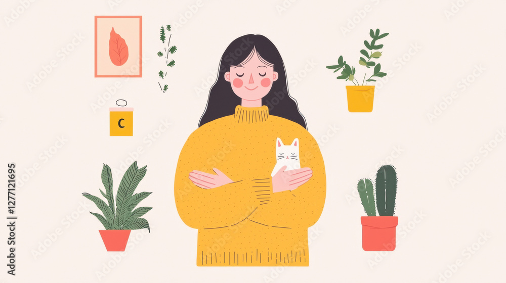 A woman in a yellow sweater holds a cat surrounded by houseplants. A woman in a yellow sweater holds a cat surrounded by houseplants.