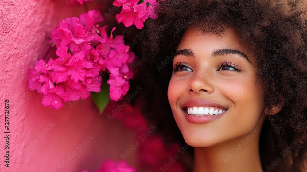 A joyful woman with an afro hairstyle adorned with pink flowers stands in front of a vibrant pink wall, radiating positivity and style. A joyful woman with an afro hairstyle adorned with pink flowers stands in front of a vibrant pink wall, radiating positivity and style.
