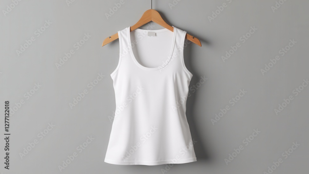 Women's tank top mockup on a wooden hanger against a gray background.