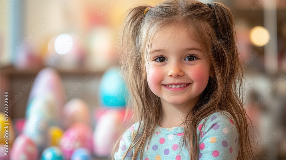 Charming Young Girl with Pigtails and Polka Dot Shirt Smiles in a Bright Easter Setting Charming Young Girl with Pigtails and Polka Dot Shirt Smiles in a Bright Easter Setting