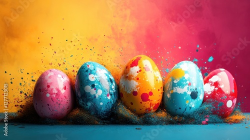 Colorful Easter Eggs with Splattered Paint against a Vibrant Background Celebration photo