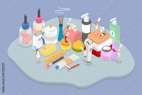 3D Isometric Flat Vector Illustration of Spa Hygiene Procedures, Accessorizes for Bath, Shower and Health Care