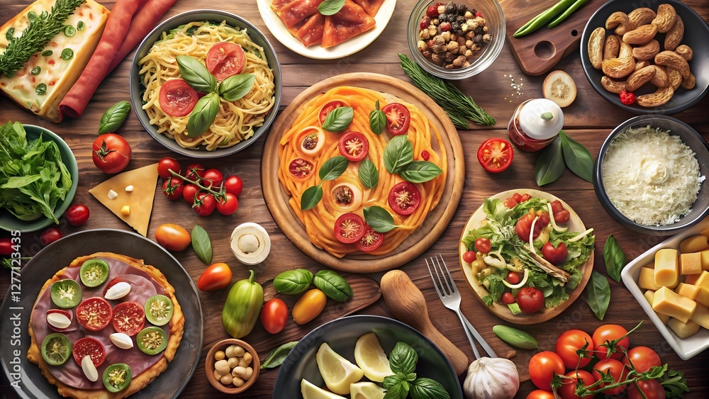 Overhead Shot of Various Italian Dishes and Ingredients