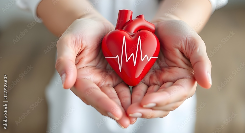 A bright red, model heart with a white heartbeat line across it is being held in two hands. A bright red, model heart with a white heartbeat line across it is being held in two hands.