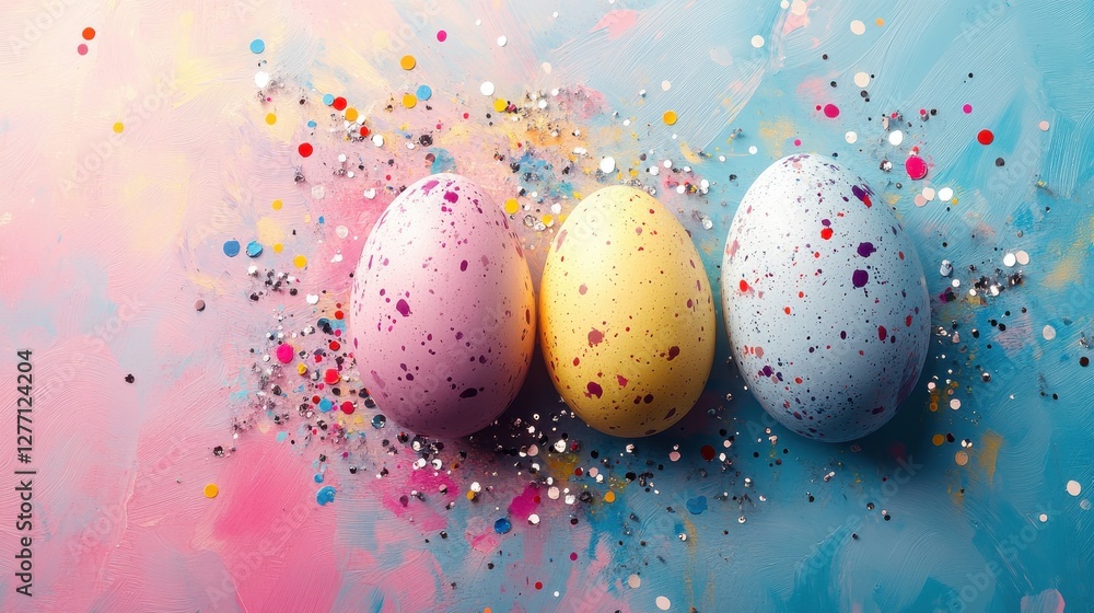 Easter Eggs Painted with Splatter Art on Colorful Background with Dots and Confetti Style Sprinkles Easter Eggs Painted with Splatter Art on Colorful Background with Dots and Confetti Style Sprinkles