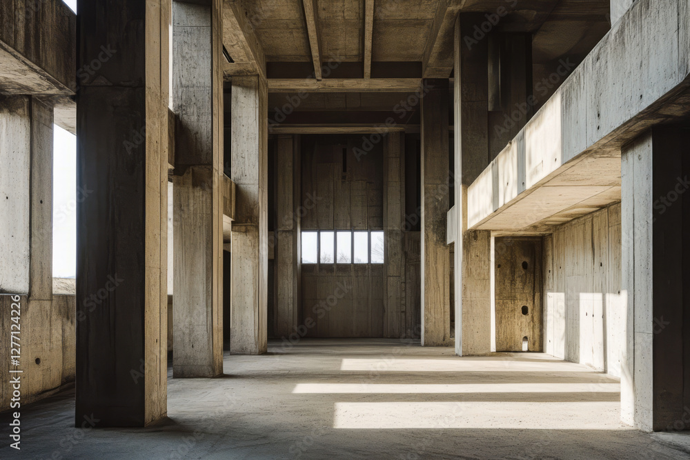 custom made wallpaper toronto digitalA striking brutalist interior space with enormous raw concrete pillars, dramatic shadows, sharp geometric cutouts, and subtle industrial lighting that highlights its stark, modern aesthetic.