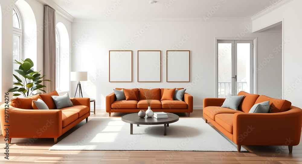 Fototapeta premium A modern living room features three orange sofas, grey pillows, a round table, and framed artwork.
