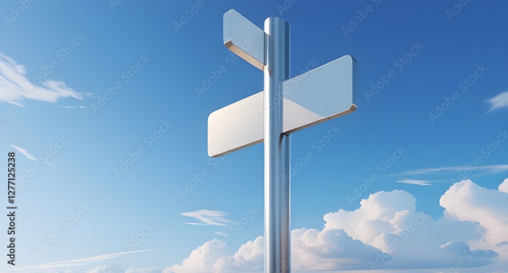 A blank directional signpost stands tall against a blue sky with scattered clouds.
A blank directional signpost stands tall against a blue sky with scattered clouds.