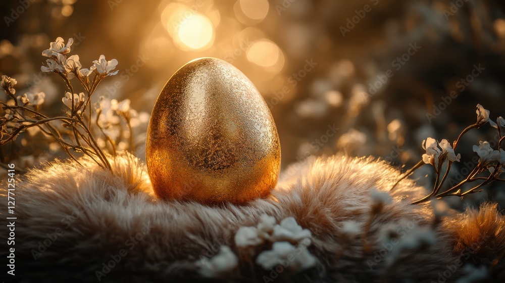 Golden Easter Egg Nestled Among Flowers with Bokeh Background Shimmering Celebration of Spring Joy Golden Easter Egg Nestled Among Flowers with Bokeh Background Shimmering Celebration of Spring Joy