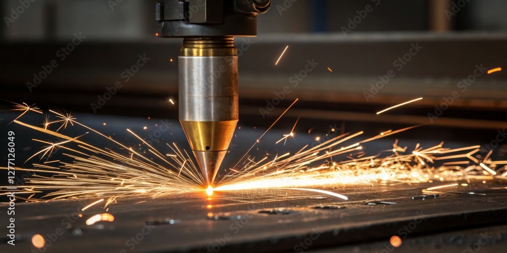 Precision laser cutting process in an industrial workshop during daytime with sparks flying Precision laser cutting process in an industrial workshop during daytime with sparks flying