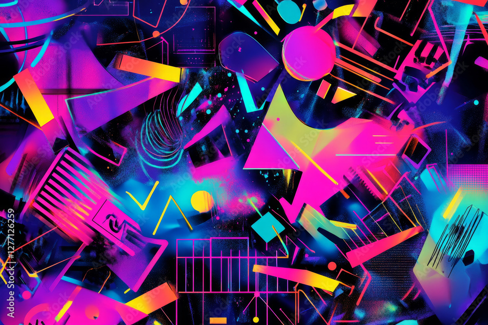 A vibrant 90s club scene-inspired background with abstract neon lighting, pixelated details, and chaotic geometric forms. The colors pulse with energy. A vibrant 90s club scene-inspired background with abstract neon lighting, pixelated details, and chaotic geometric forms. The colors pulse with energy.